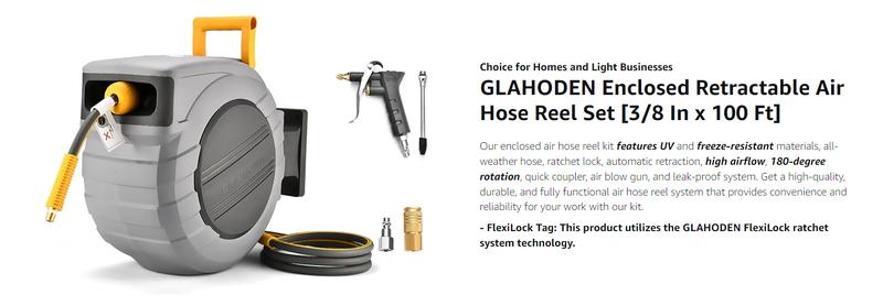 GLAHODEN Upgraded Retractable Air Hose Reel,MAX 3/8IN x 100FT Hybrid Air Hose Max 300PSl, AirCompressor Hose Reel Auto-Rewind with 6.6 FTLead in, Ceiling/Wall Mount Enclosed Pp Reel &Built-in 180° Swivel Bracket，TikTokShopBlackFriday