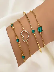 4-Piece Elegant Women's Heart Bracelet Set, Embedded with Rhinestones, Rhinestone Decorated Bracelet, Versatile Daily Wear Fashion Jewelry, Bracelets Stacking, Heart Shaped Bracelet, Heart Design Bracelet, Stackable Bracelets, Matching Bracelets