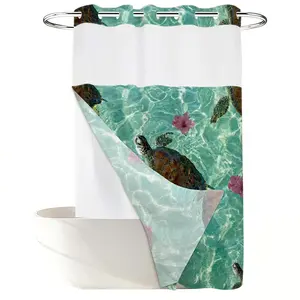 1PC 2D Flat Healing Cherry Blossom Sea Turtle Swarm Shower Curtain, Clear Sea Water Floral Design, Waterproof Detachable Liner Bathroom Curtain (No Hooks)