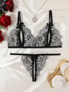 JOCASTAA Two Piece Embroidery Lace Lingerie Set Transparent Details Coquette Aesthetic