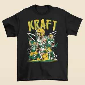 Tucker Kraft Cartoon Style Green Bay Football T-Shirt - Men’s Adult Sizes, 100% cotton tee, unisex style