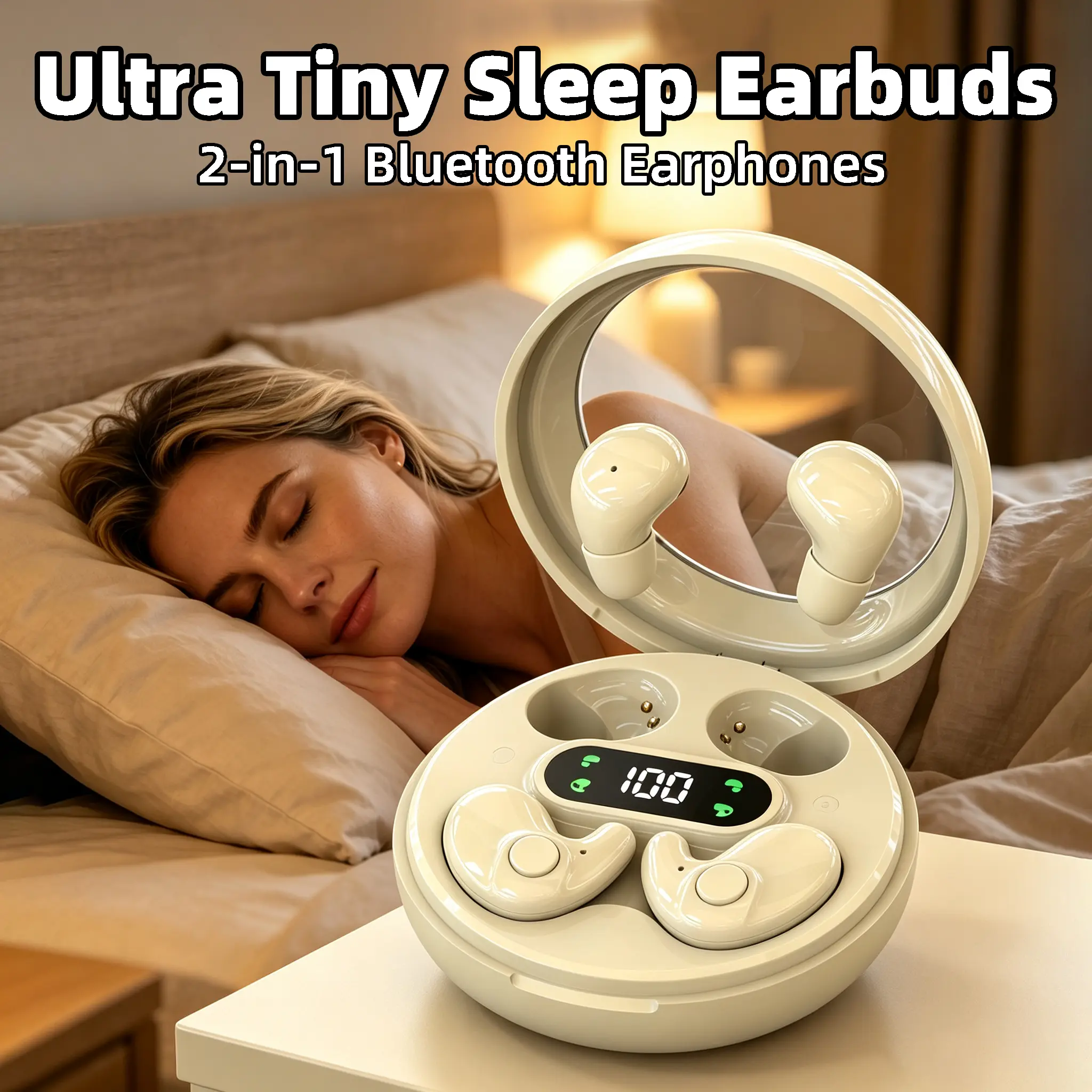 2-in-1 Ultra Light Hidden Bluetooth Wireless Earbuds - No Pain Long Wear, No Pressure for Side Sleepers, Soft Stereo Sound, Touch Control, Long Battery Life, Pocket Portable for Sleep & Daily Use
