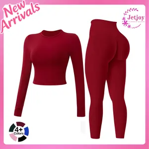 Jetjoy Workout Sets for Women 2 Piece Long Sleeve T-Shirt Top Hidden Scrunch Leggings Butt Lifting Gym Set Seamless Yoga Outfit Athletic Clothes