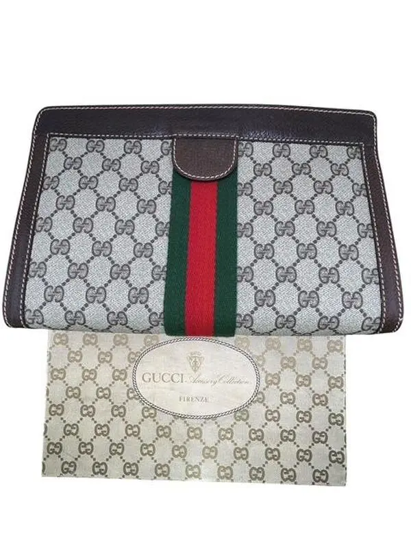 Pre-owned GUCCI Canvas Pouch Coated W/ Sherry Line W/ Box Perfect For Daily Use
