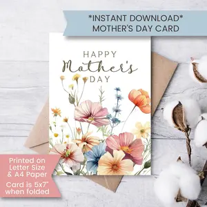 Printable Wildflower Mother's Day Card, Pressed Flowers Mothers Day Card, Floral Card, Boho Greeting Card, Cottagecore, Digital File