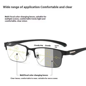 Progressive Multifocal Photochromic Reading Glasses Anti-blue Light Far Sight Glasses Men Half Frame Business Presbyopia Glasses