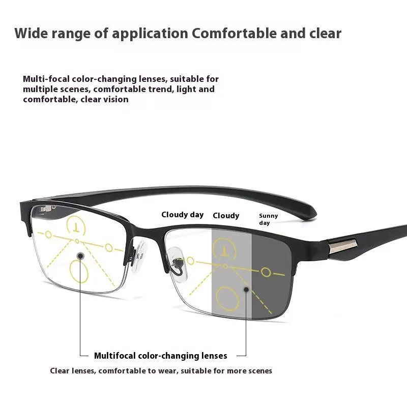 Progressive Multifocal Photochromic Reading Glasses Anti-blue Light Far Sight Glasses Men Half Frame Business Presbyopia Glasses