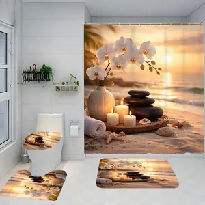 1/4 piece white orchid beach sunset design bathroom set, including soft floor mat, toilet seat cushion, shower curtain, creating elegant decoration, home decoration, good rebound of floor mat, water absorption, anti slip, preferred gift giving option