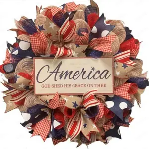 2D Independence Day Decorative Wooden Stripe Wreath, Patriotic American Home Country Wood Sign, Wall Door Hanger, Solid Wood, Festival Decoration