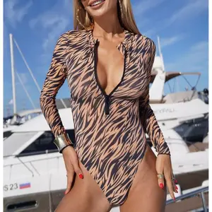 2026 Ladies New Zipper Long Sleeve Sunscreen Mesh Swimsuit Printed One-piece Swimsuit Bikini