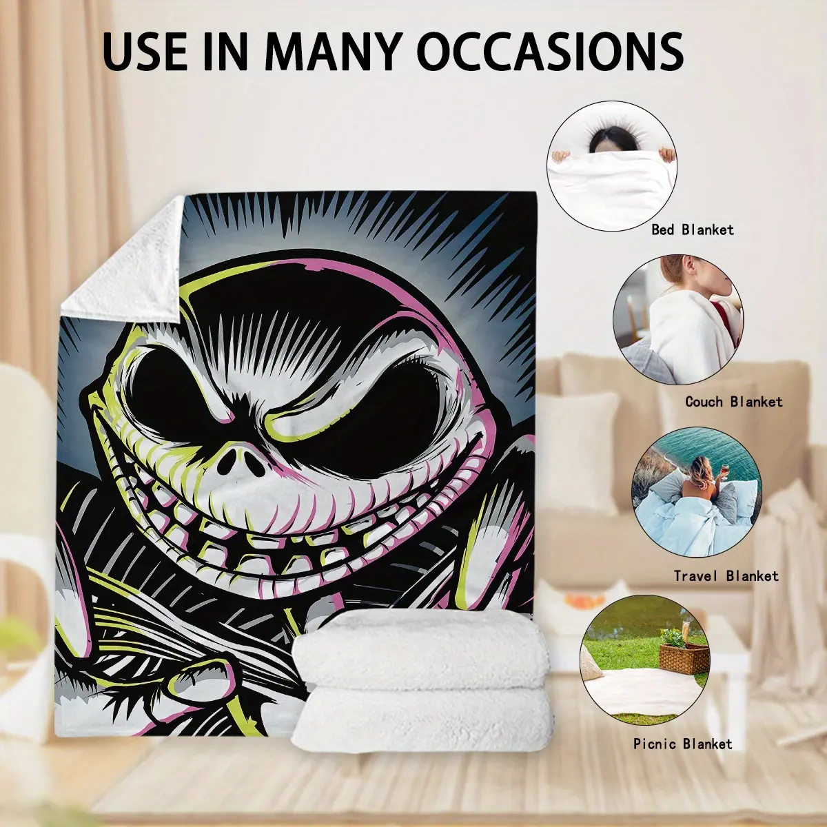 Nightmare Before Christmas Jack Skellington Throw Blanket - All-Season Flannel Fleece, Satin Weave, Machine Washable - Cozy Blanket for Camping, Napping, Travel - Uncharged, Soft Comfort