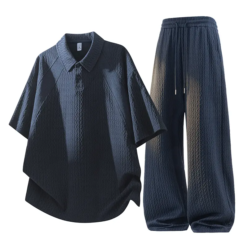 Men's Casual Baggy 2-Piece Outfit, Breathable Plain Shortsleeve Cooling Polo Shirt with Loose Wide-Leg Pants, Menswear, Simple, Basic, Trouser, Men's Clothing, Stylish