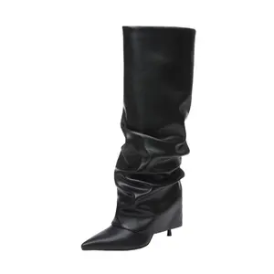 Women's Knee High Boots Pointed Toe Fold Over Boots Wide Mid Calf Stiletto Boots Long Shark Tall Boots