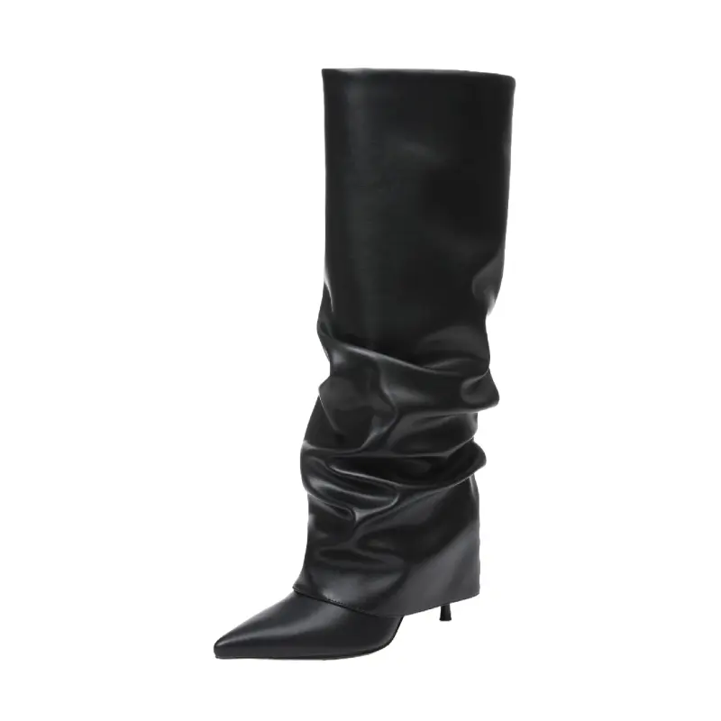Women's Knee High Boots Pointed Toe Fold Over Boots Wide Mid Calf Stiletto Boots Long Shark Tall Boots,shoes for back to school,back to school shoes