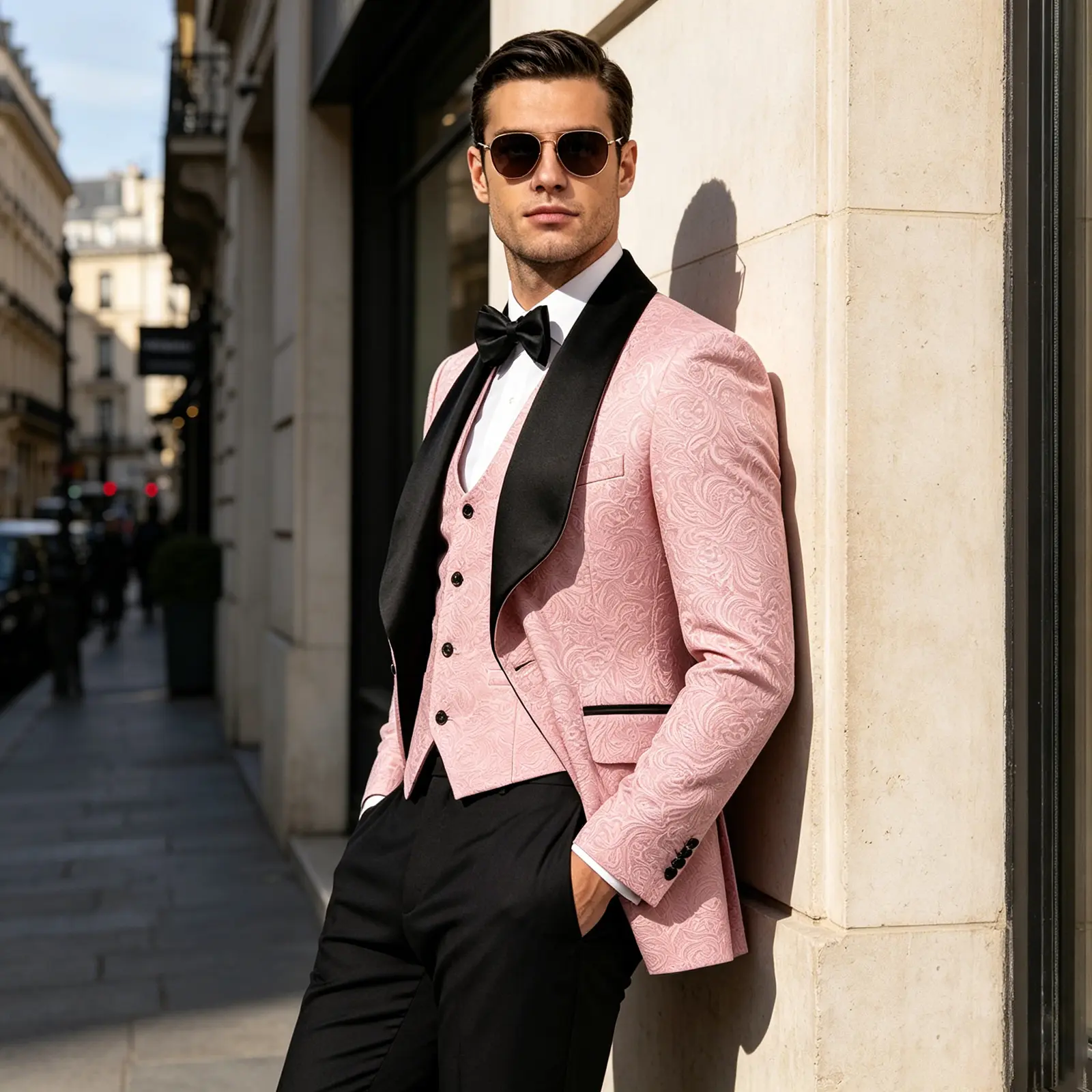 Men’s 3-Piece Formal Suit Set - Formal Wear Menswear, Polyester Long-Sleeve Paisley Jacquard Shawl Lapel Blazer, Matching Vest, Pocket-Equipped Black Pants for Weddings, Back-to-School, Fabric, Chic, Buttons, Rayon, Classic