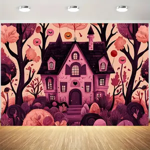 1pc Halloween party banner, made of polyester material, with a pink castle background picture, suitable for festival party decoration, indoor and outdoor decoration, Halloween party decoration, and photography background decoration