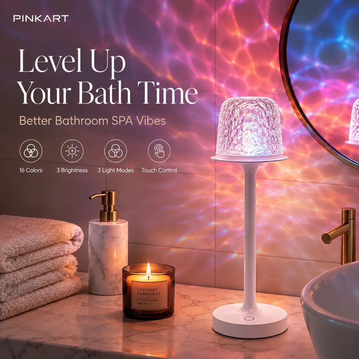 PINKART 2-in-1 Aurora Water Ripple Table Lamp, 16-Color Ocean Wave Ambient Desk Lamp with Remote & Touch Control, USB-C Rechargeable Mood Light for Bedroom, Bathroom Spa, Living Room, Study & Gifts