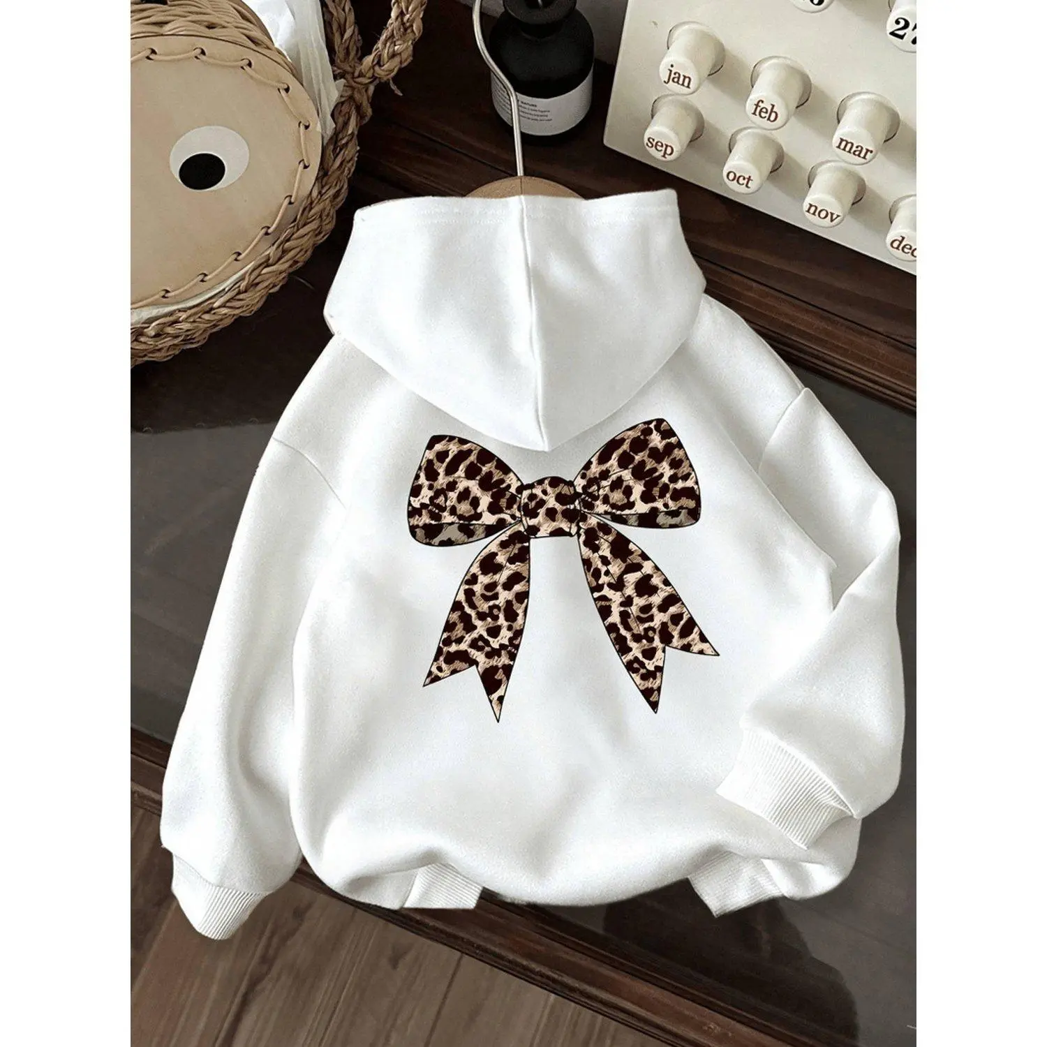 Thick Leopard Print Hoodie Sweatshirt Tween Casual Long Sleeve Bow Design Black Cartoon Pattern Pullover Machine Washable Spring Fall Regular Fit Top