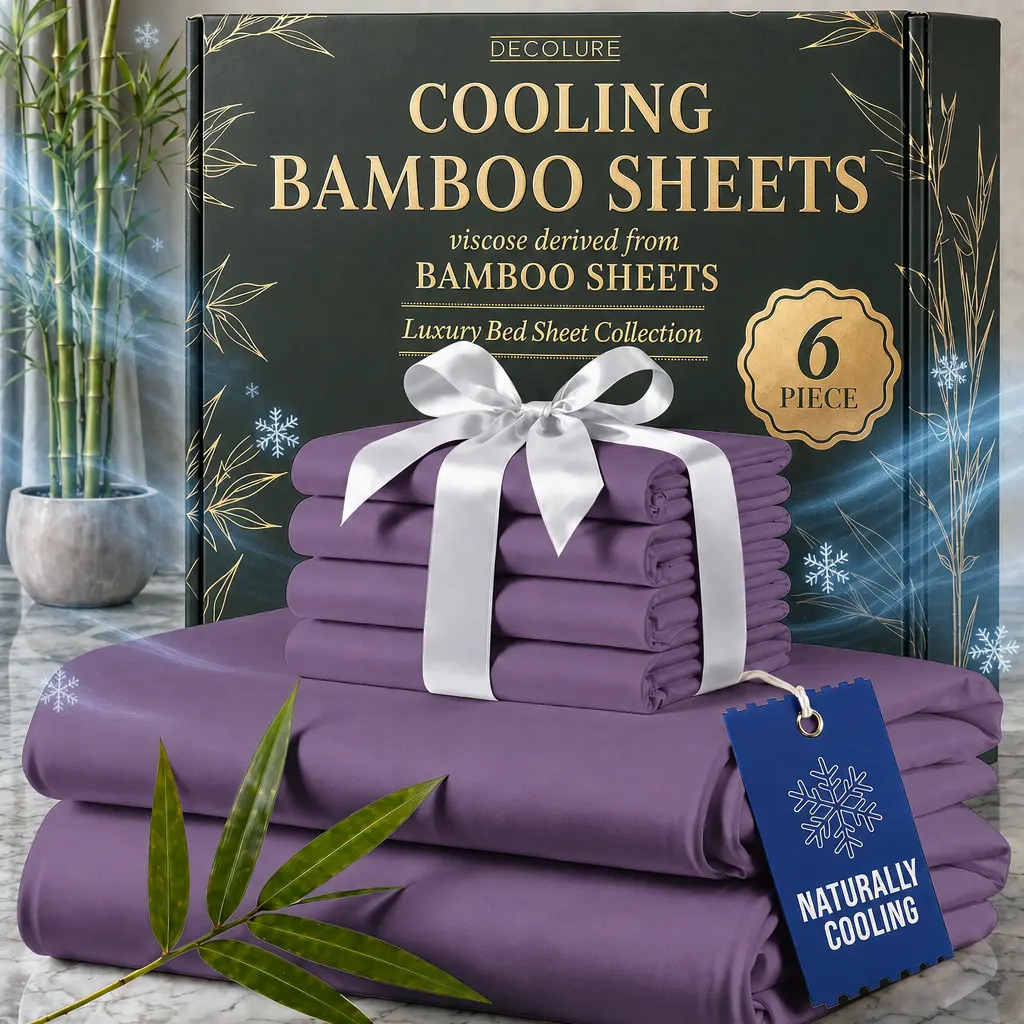 Bamboo Bed Sheet Set - 3/4/6-Pc Bedding with Secure Deep Pocket Fitted Sheets & Pillowcases, Ultra-Soft, Wrinkle-Free, Breathable, Cooling, Home Luxury for Kids' Bedroom Use, 3/4 Pcs