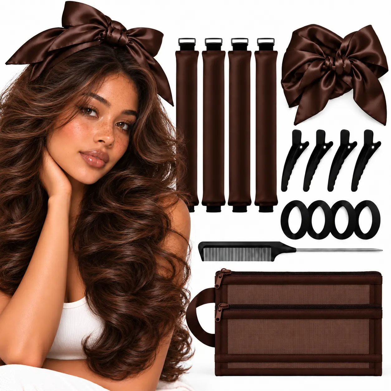 15 in 1 Set Heatless Hair Curler Velvet Jumbo Flexi Rods for Overnight Curls Gentle Rollers for All Hair Types Brown Styling Tools Scarf Silk Curling Kit