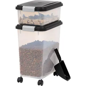 Dog Food Storage Container, 30 lbs & 11 lbs Combo, Cat Food Storage Container, Dog Treat Container, Airtight, Stackable, 2-Cup Scoop, Wheels, Easy Mobility, Black