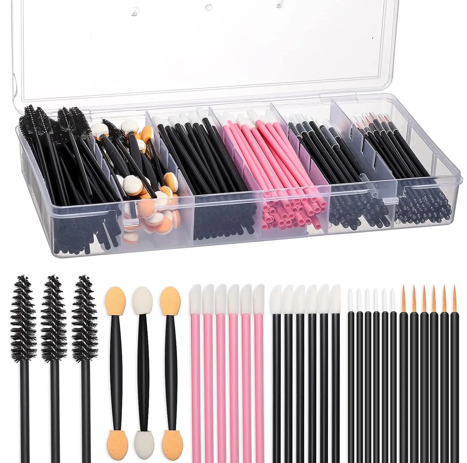 300pcs Disposable Makeup Tool Kit,Brow brush/Mascara brush/Lip Applicators/Eyeshadow applicators/Eye liner brush Makeup Disposable Accessories With Organizer Box,