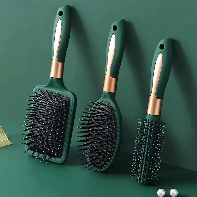 Curly Hair Brush Set, 3-Piece with Green Handles & Gold Accents, Anti-Dandruff Hair Styling Tool for Daily Care