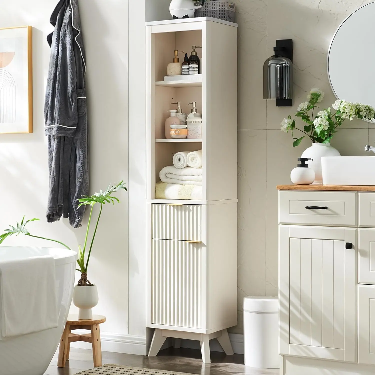 OKD 68" Tall Fluted Bathroom Storage Cabinet with Faux Marble Top, Adjustable Shelf and Drawer, Curved Profile Narrow Linen Tower for Bathroom, Kitchen, Living Room, Hallway