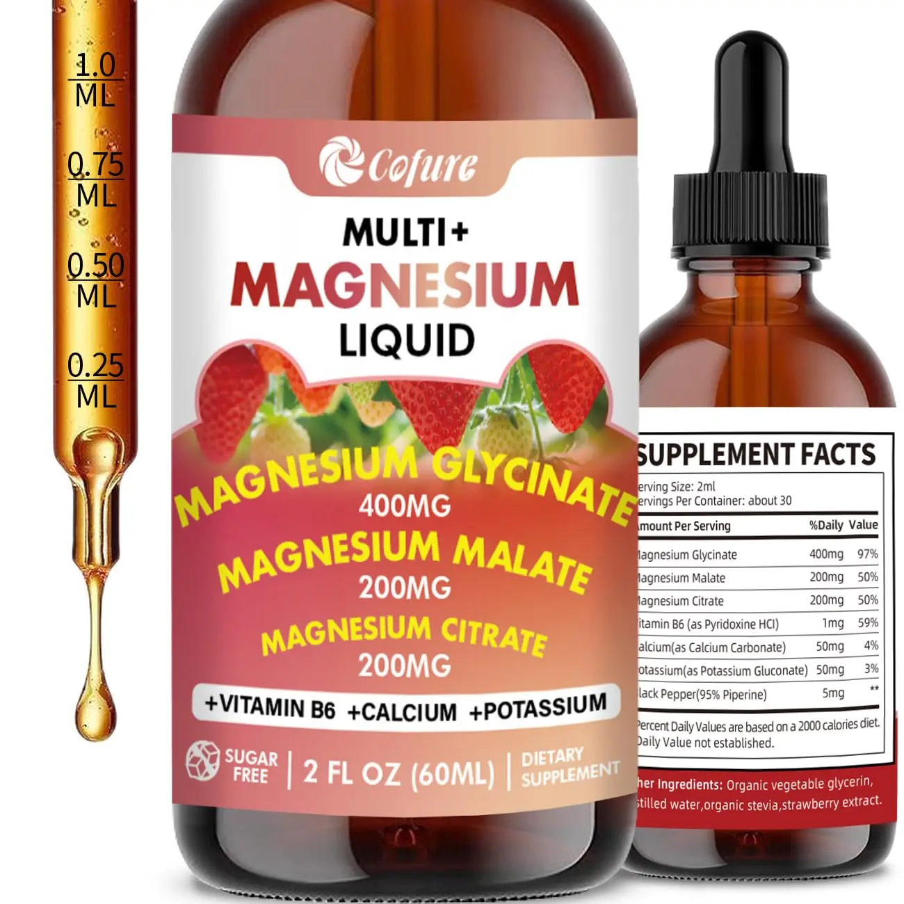 Magnesium Glycinate, Citrate, Malate, 900mg Triple Magnesium Complex Liquid Drops, 98% Absorption- Sugar Free, Gluten Free, Non-GMO- 2 fl oz, Strawberry Flavor Supplement Edible