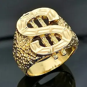 [Customer Favorite] Men's Vintage Golden-Tone Dollar Sign Ring - Punk Style Hollow Carved Zinc Alloy, Fashionable Wide Band Jewelry