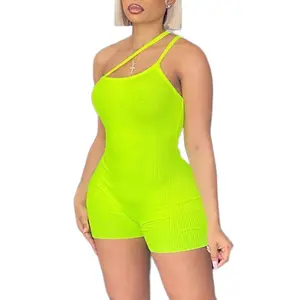 Women's Romper Off Shoulder Sleeveless Rib Knit Bodycon Jumpsuit - Casual, Cotton, Fashion
