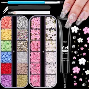 3D Flowers Manicure Gems Nail Rhinestone Glue Gel,Colorful Acrylic Flower Nail Charms Caviar Beads,Rhinestones Nails and Gem Glue Nails (UV/LED Needed) Pickup & Dotting Tools