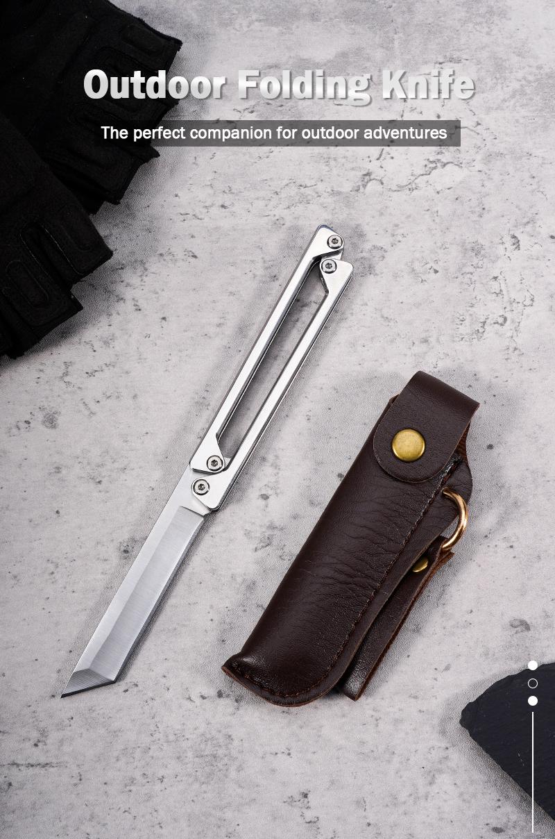 Portable EDC multifunctional tactical outdoor folding knife and pocket knife. Made entirely of steel with a leather sheath; outdoor cutting tools designed specifically for climbing and fishing; essential gear for camping and hiking.