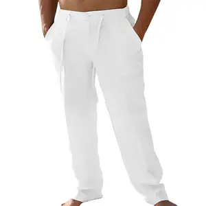 Mens Casual Linen Pants Loose Fit Elastic Drawstring Waist Straight-Legs Summer Yoga Beach Long Pants