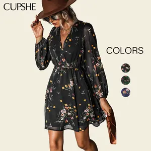 CUPSHE Women's Navy Floral Print Chiffon A-Line Mini Dress, Surplice Neckline, Long Peasant Longsleeves for Casual Vacation, Birthday Outfits