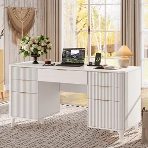 TOKSOM Fluted Executive Desk with Drawers,55" Modern Home Office Computer Desk with,File Cabinet,Keyboard Tray and Storage Cabinet for Study, Living Room,Bedroom