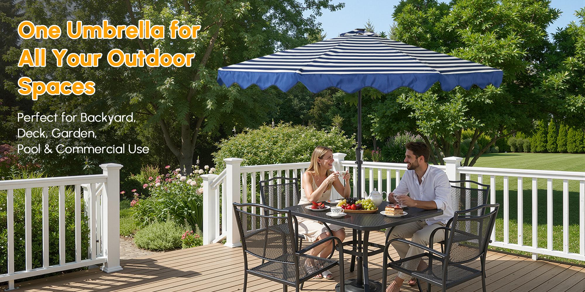 10Ft Classic MidCentury Scalloped Fringe Market Patio Umbrella with One Button Tilt, Handle Crank Solar powered Outdoor Parasols, Wind Vent and UV Protection for Garden Lofi Porch Pool, Premium