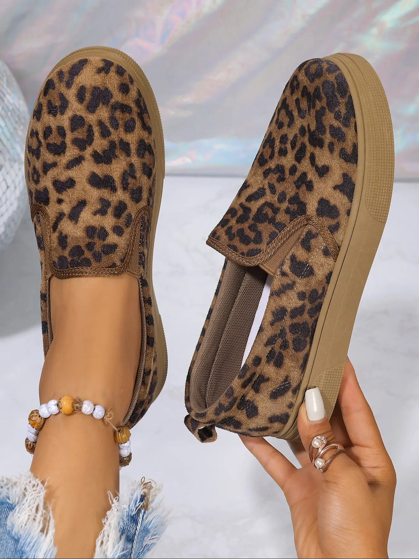 Leopard Print Easy Breezy Loafers for Women, Casual Slip-On Flats Walking Shoes Rubber Size 36-42, Fashionable Comfortable All Seasons Shoes, Versatile Design, All Seasons Wear, Flatform Footwear