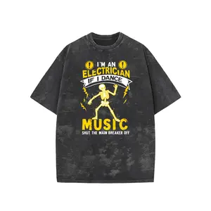 Men's Retro Distressed Washed Round Neck Short-Sleeve T-Shirt - Electrician Skull Dance Music Warning Graphic, Casual Menswear Top for Daily Wear (Gift for Electricians)
