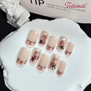 Fallen Plaid Handmade Press-On Nails | Medium Square Shape, 10pcs | Nude Base Red Brown Plaid with Hollow Star French Tip | Cool Academy Aesthetic | For Summer Nails, Daily, Office, School, Date, Vacation, OOTD | High Gloss, Reusable Handmade DIY Nail Art