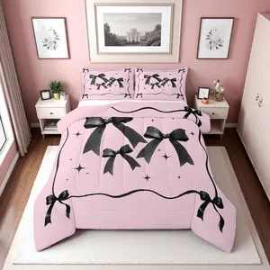 Pink and Black Bow Comforter Set for Girls | Coquette Ribbon Bows Bedding Set,for Kids Women,Cute Pink Bow Tie Bed Set,Kawaii Bowknot Room Decor