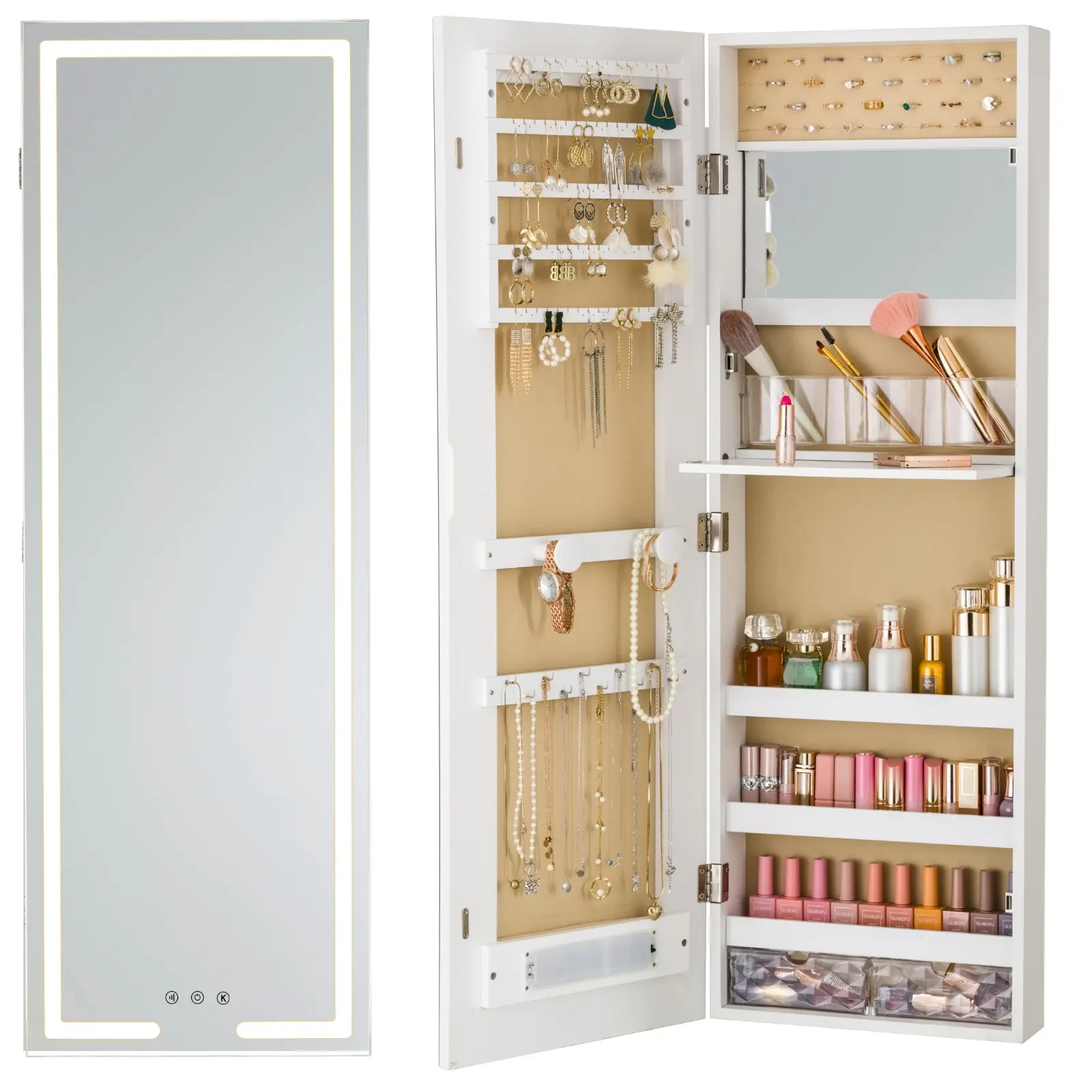 LED Mirror Jewelry Cabinet Wall Mounted 42" Tall Full Length Mirror with Storage 3 Color Modes Vanity Table Over The Door Hanging Armoire White School Dormitory Storage,dorm essentials,home decor