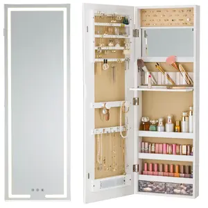 LED Mirror Jewelry Cabinet Wall Mounted 42" Tall Full Length Mirror with Storage 3 Color Modes Vanity Table Over The Door Hanging Armoire White School Dormitory Storage