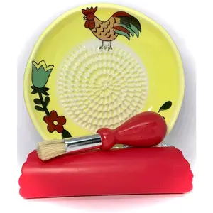 , -in-  Ceramic Garlic Grater Plate 4- Set - Rooster Design, Classic Style - For Garlic, Ginger, , and ! - Comes with 5.25" Plate, Peeler, Brush, and Stand