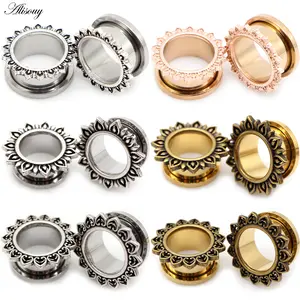 Alisouy 2pcs Heart Love Flower Pattern Stainless Steel Ear Plugs Tunnel Expander Stretcher Gauges Earring Piercing Body Jewelry