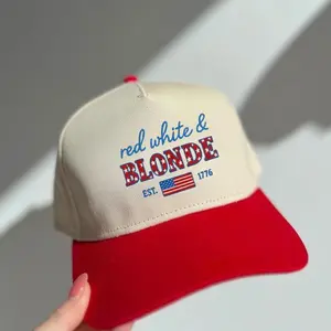 Red White & Blonde Hat, 4th of July Trucker Hat, Custom Patriotic Brunette Cap, Embroidered USA Hat, Vintage Baseball Hat For Her.