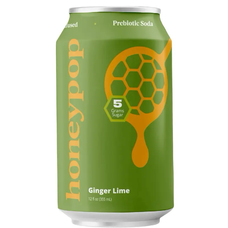 Honeypop Ginger Lime Prebiotic Soda 12 fl oz 5 Grams Sugar Low Sugar Drink (12 PACK)