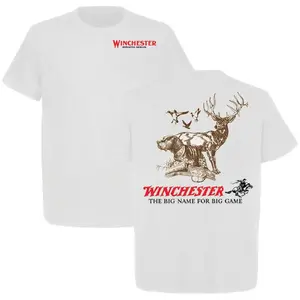 Winchester Hunting T-Shirt - The Big Name for Big Game classic white graphic tee with deer, hunting dog and ducks; perfect gift for men, hunters, outdoorsmen, collectors and enthusiasts who love American heritage, USA