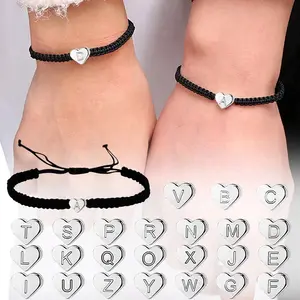 Custom Initial Heart Charm Bracelet, Adjustable Black Braided Wristband with All A-Z Letters, Personalized Name Jewelry for Couples & Friends