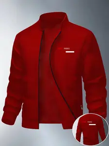 Men's Letter Print Sports Jacket, Zip Front Jacket, Casual Street Style, Durable Polyester Fabric, Available in S-Xxl Sizes, Perfect for Fall & Winter, Athletic Jackets
